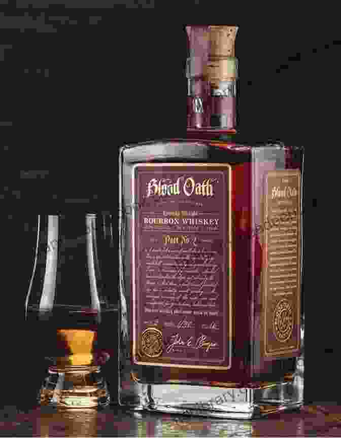 A Bottle Of Blood Oath Nathaniel Cade Bourbon, With A Dark Amber Color And Embossed Label Featuring A Silhouette Of A Man With A Hat And Flowing Hair Blood Oath (Nathaniel Cade 1)