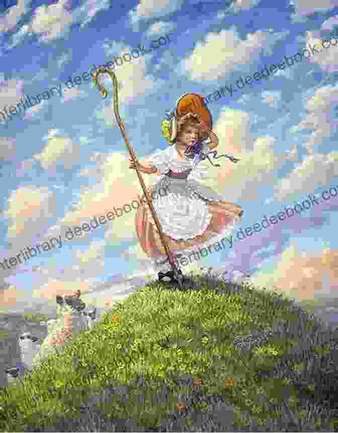 An Illustration Of Little Bo Peep Standing In A Field, Surrounded By Her Three Black Sheep. Little Mo Peep And Three Black Sheep