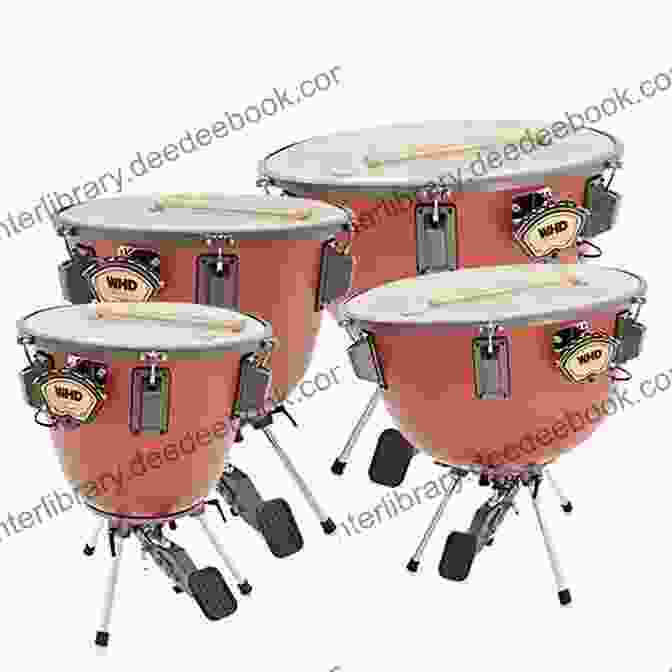 Two Timpani Drums Of Varying Sizes Stand Side By Side, Their Heads Taut And Ready To Vibrate With The Impact Of Mallets. TIMPANI DUETS DRUMSET/TIMPANI DUETS